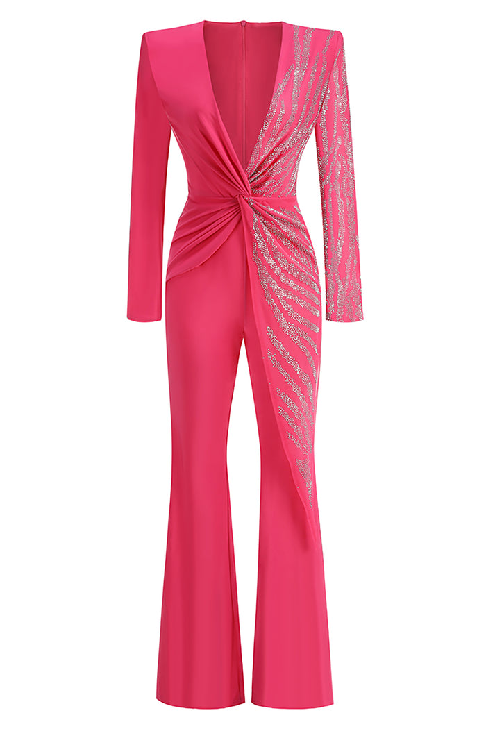 Rhinestone Embellished Jumpsuit In Rose Red