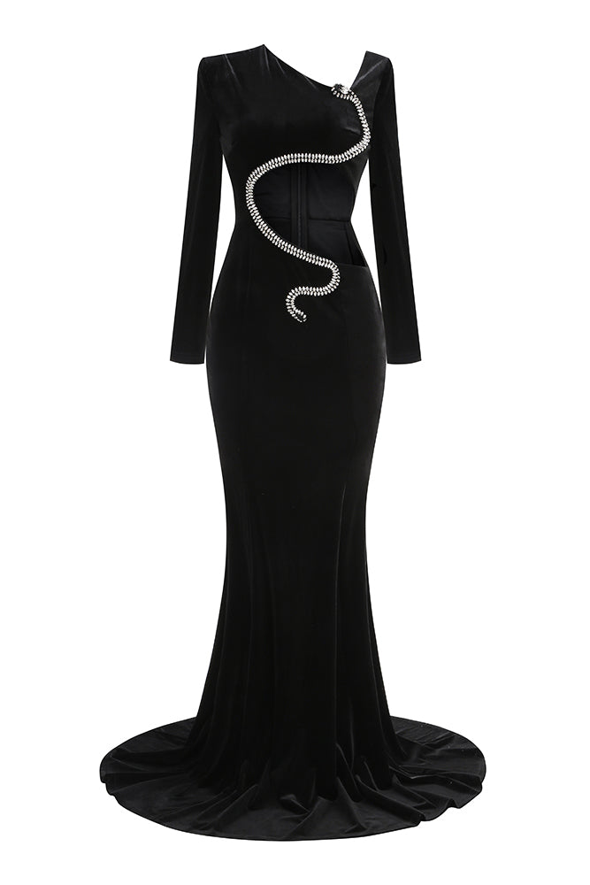 Rhinestone Paneled Cut-out Velvet Gown