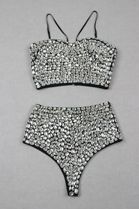 Soutien-gorge bustier strass, short taille haute et combinaison