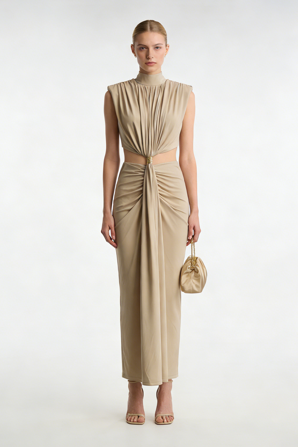 Ring Buckle Draped Cutout Gown