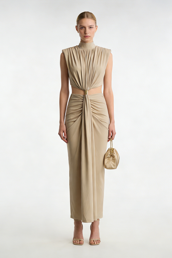 Ring Buckle Draped Cutout Gown