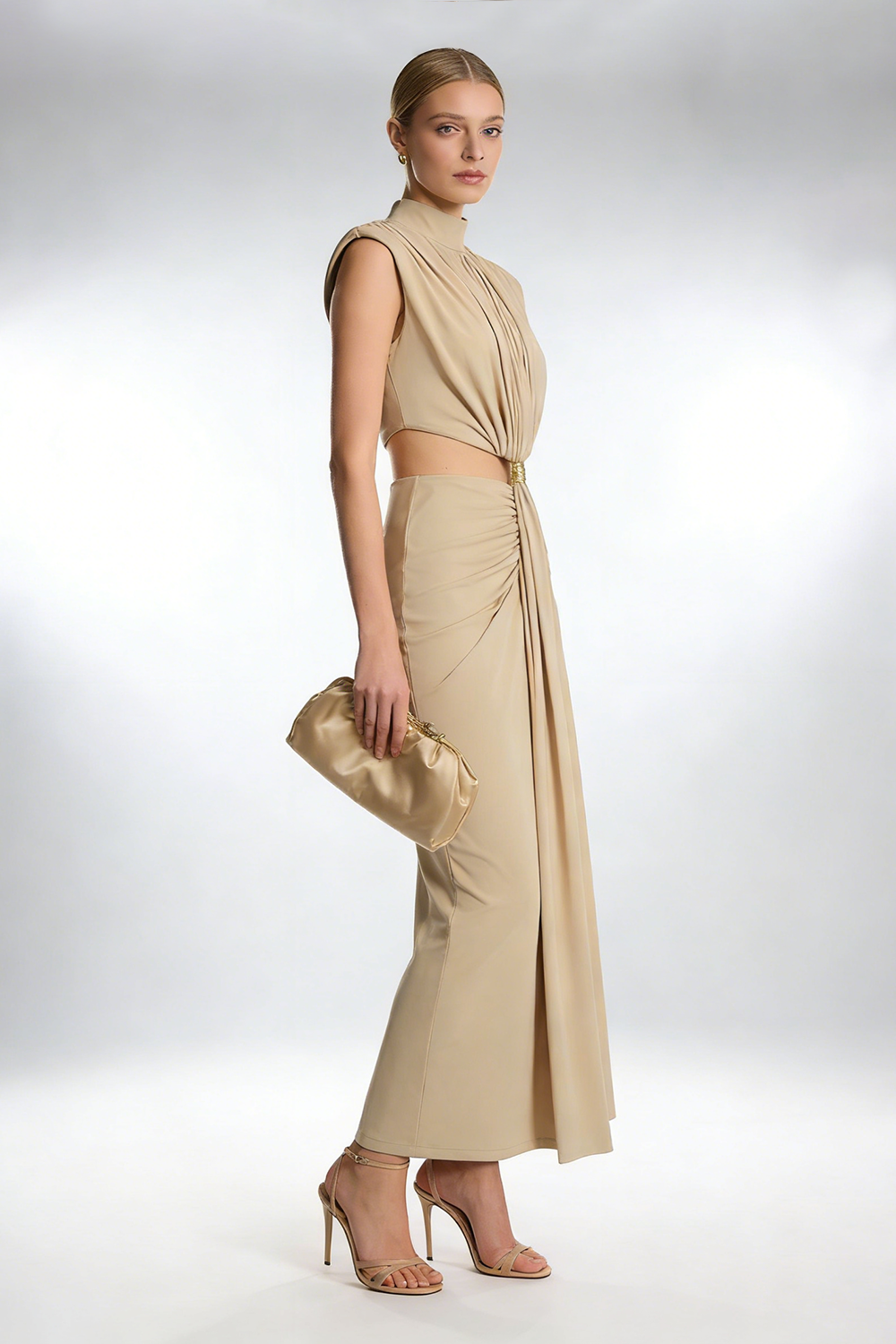 Ring Buckle Draped Cutout Gown