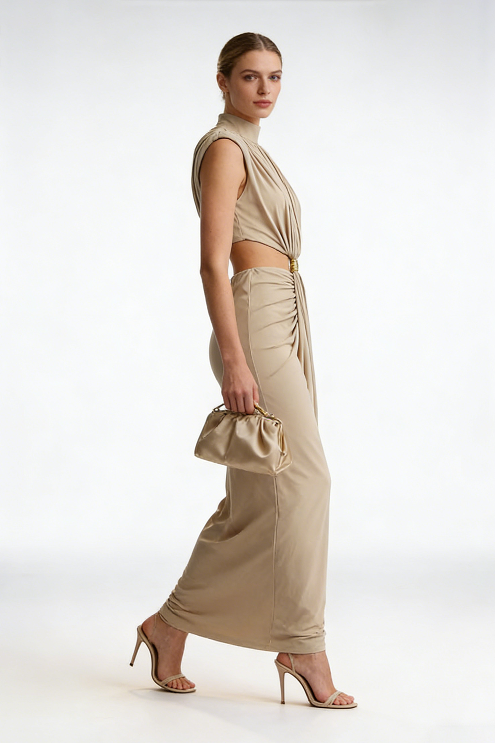 Ring Buckle Draped Cutout Gown