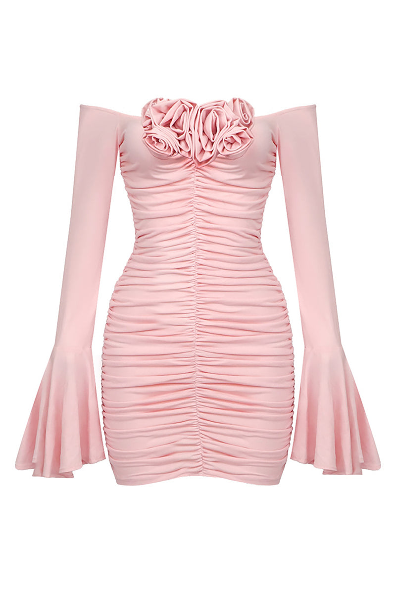 Rose Appliqued Ruched Jersey Mini Dress