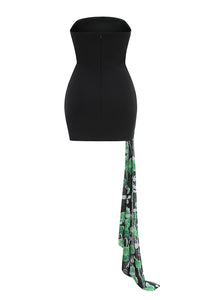 Rose Printed Strapless Mini Dress in Black