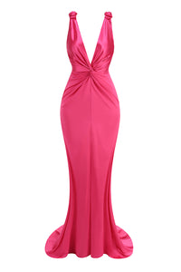 Ruched Backless Plunge Neck Maxi Dress