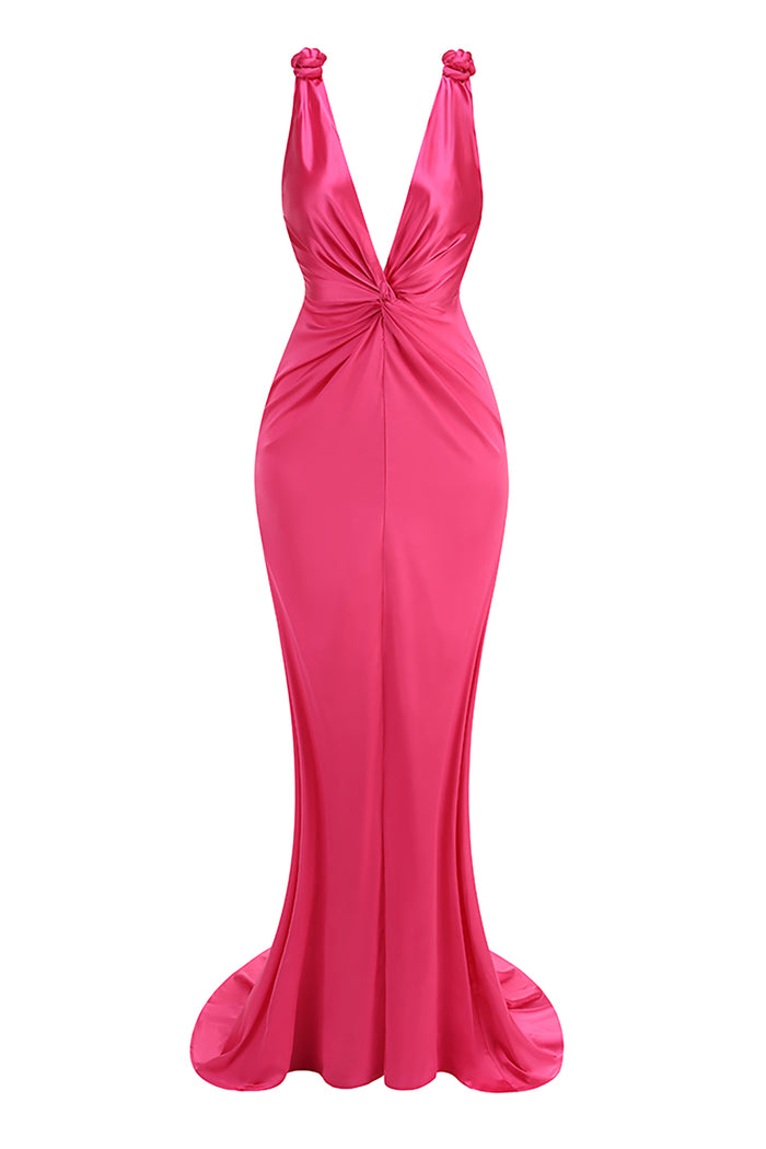 Ruched Backless Plunge Neck Maxi Dress