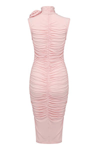 Ruched Mock Neck Midi Dress In Pink
