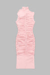 Ruched Mock Neck Midi Dress In Pink