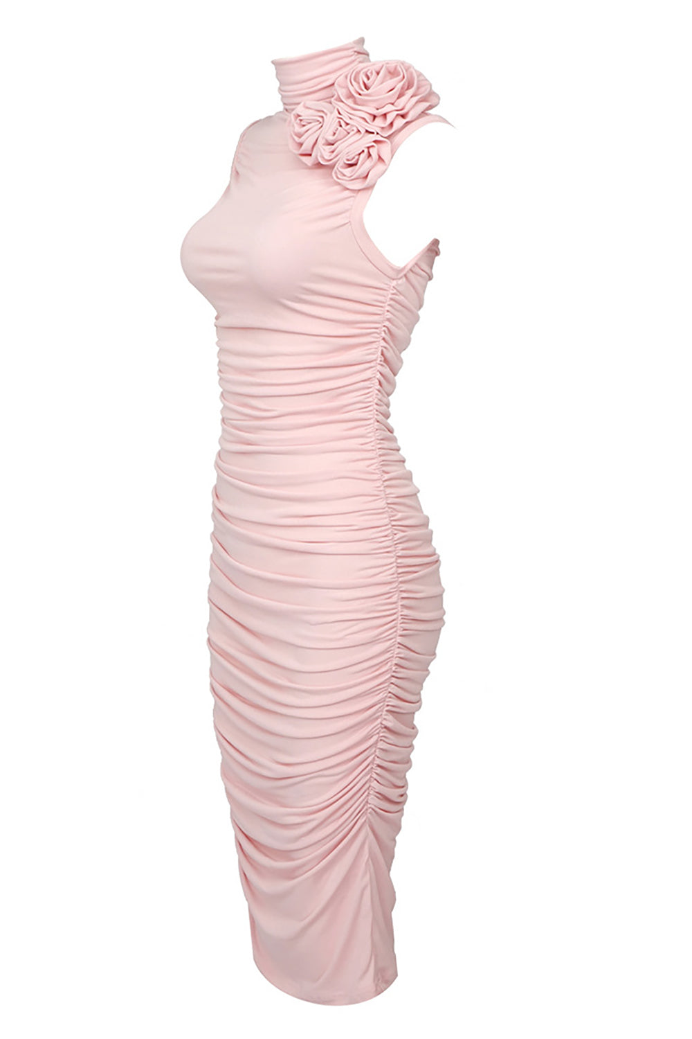 Vestido midi con cuello simulado y fruncido en rosa