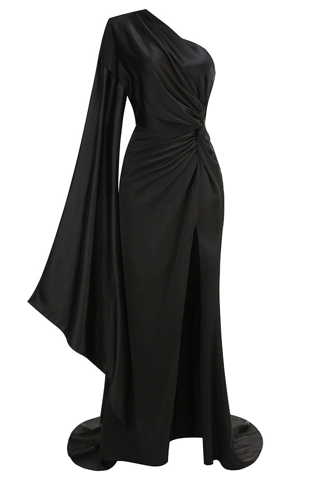 Ruched Thigh-Slit One Shoulder Maxi Dress CHICIDA Ruched Thigh-Slit One Shoulder Maxi Dress CHICIDA