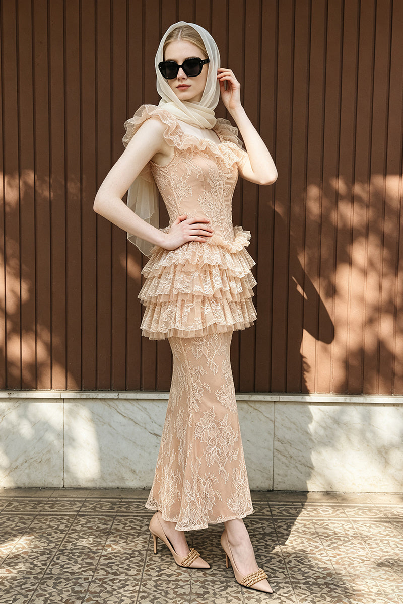 Ruffled Lace Top & Skirt Set in Nude