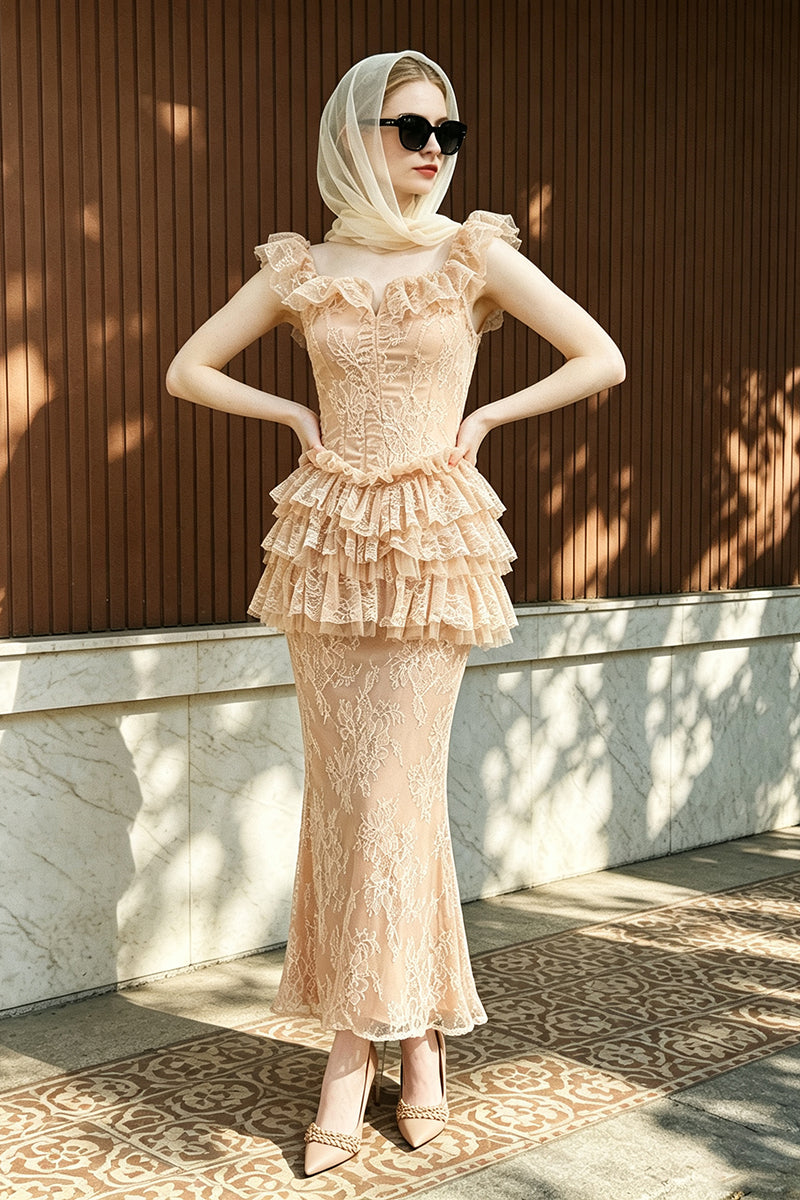 Ruffled Lace Top & Skirt Set in Nude
