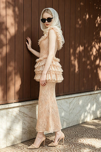 Ruffled Lace Top & Skirt Set in Nude
