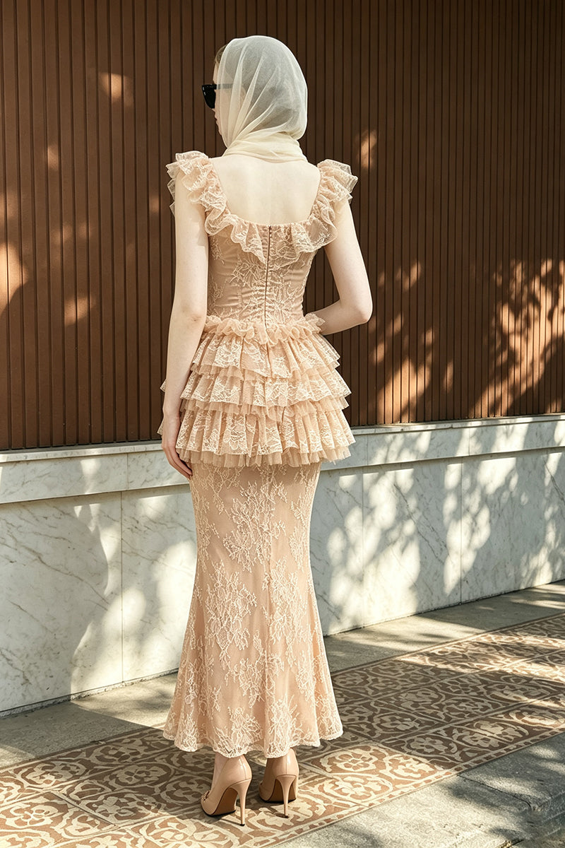 Ruffled Lace Top & Skirt Set in Nude