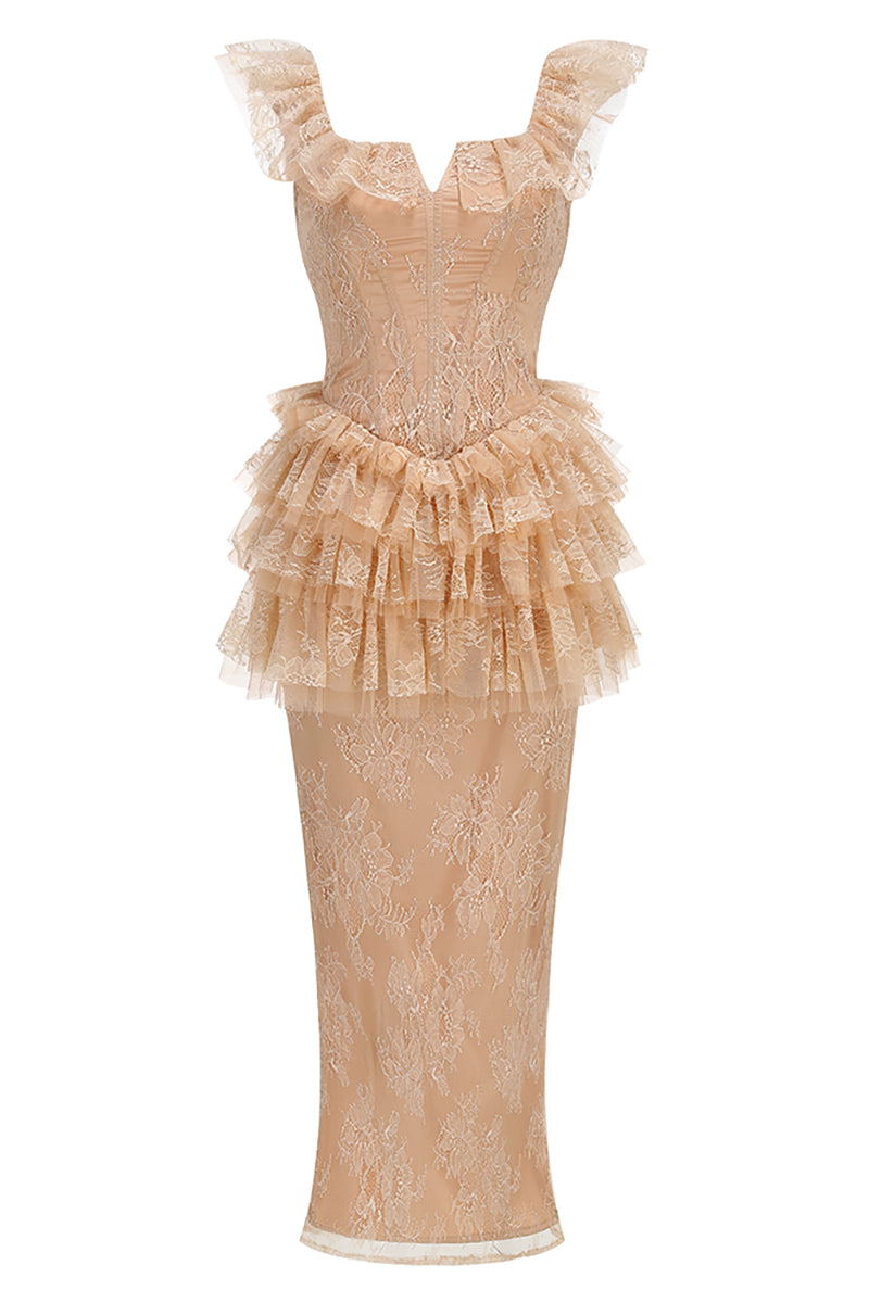 Ruffled Lace Top & Skirt Set in Nude
