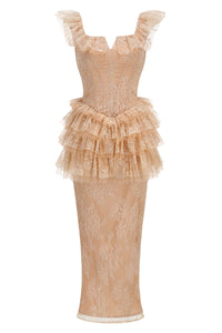 Ruffled Lace Top & Skirt Set in Nude