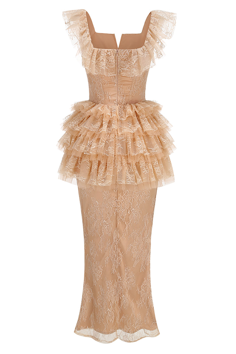 Ruffled Lace Top & Skirt Set in Nude