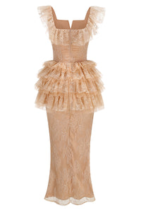 Ruffled Lace Top & Skirt Set in Nude