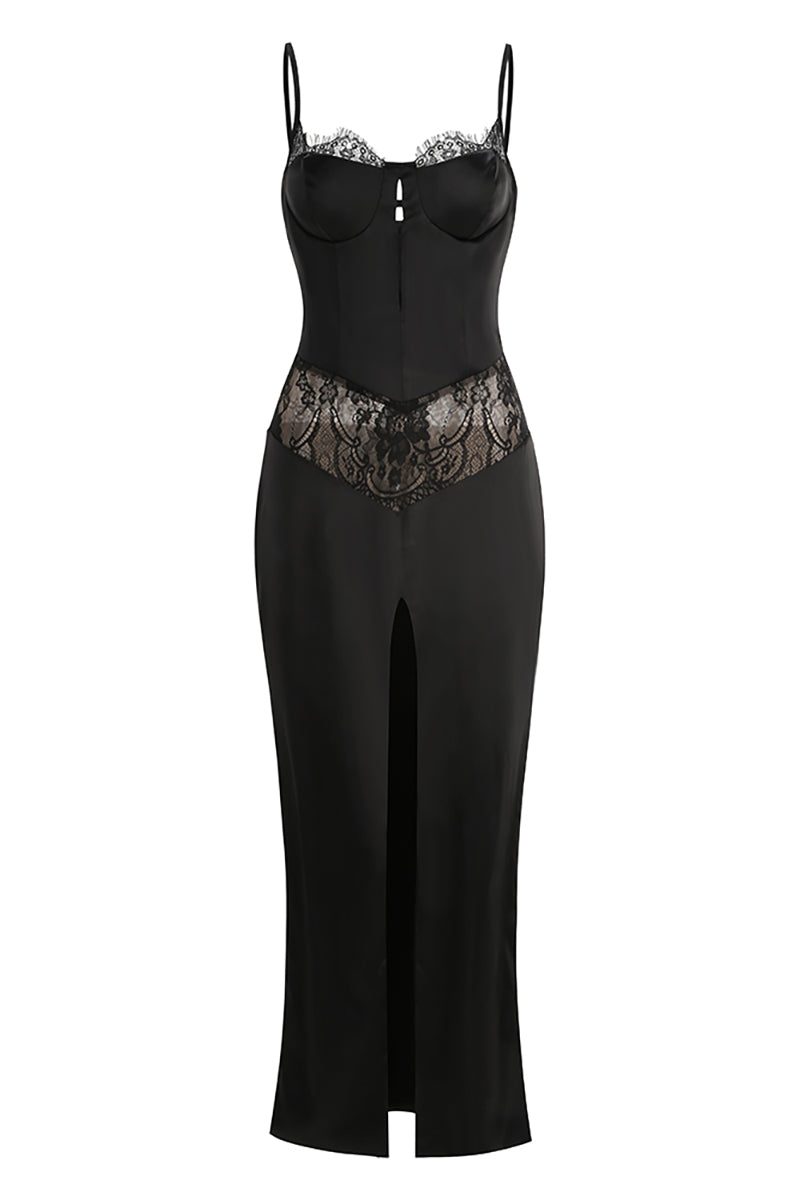 Satin Lace-Trimmed Slit Slip Maxi Dress in Black CHICIDA Satin Lace-Trimmed Slit Slip Maxi Dress in Black CHICIDA
