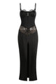 Satin Lace-Trimmed Slit Slip Maxi Dress in Black