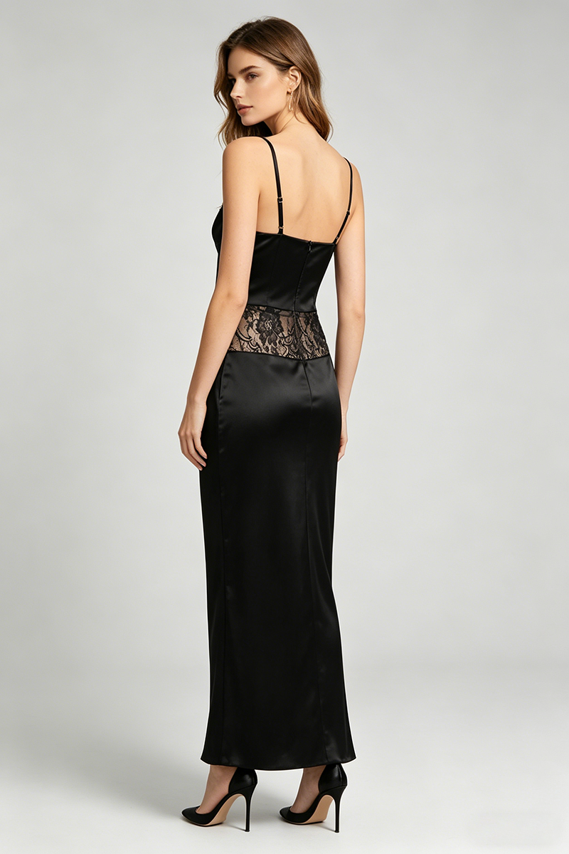 Satin Lace-Trimmed Slit Slip Maxi Dress in Black