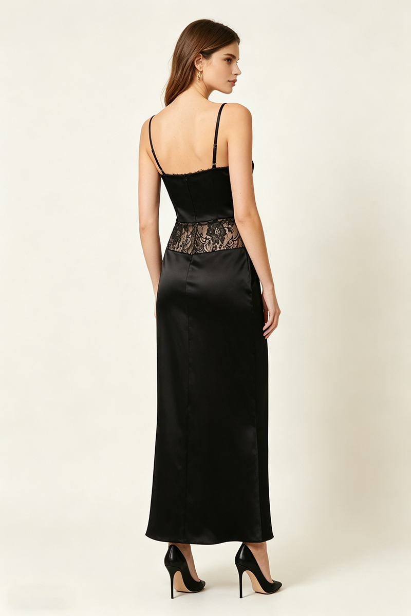 Satin Lace-Trimmed Slit Slip Maxi Dress in Black