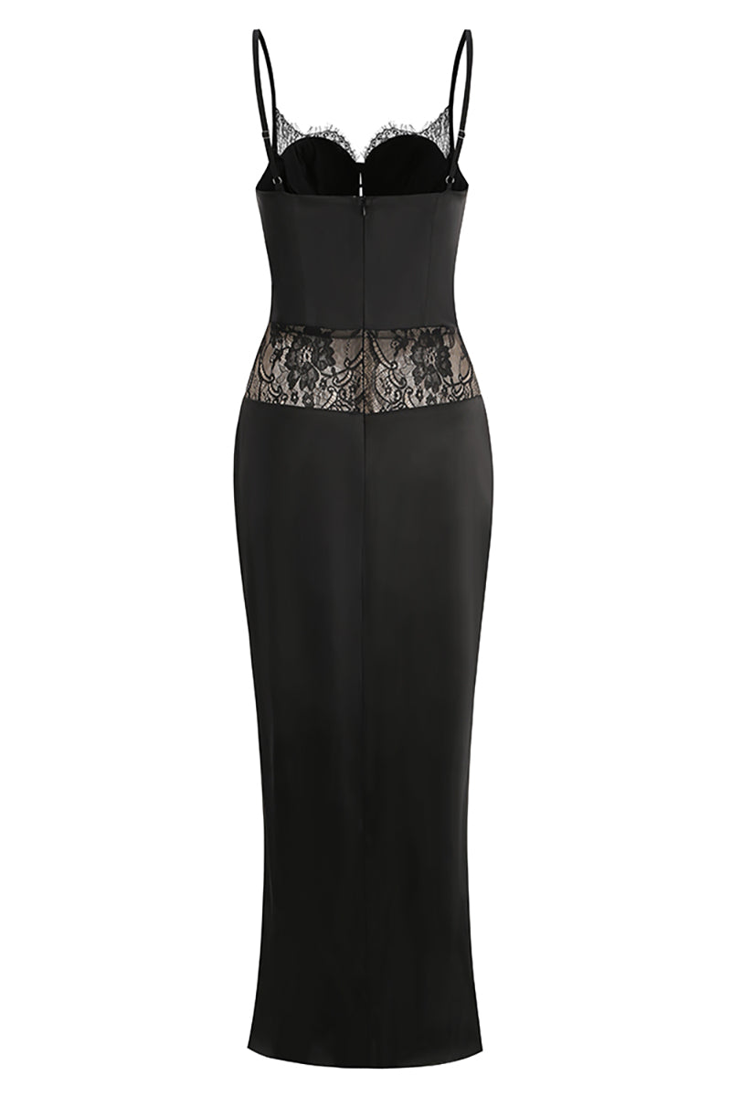 Satin Lace-Trimmed Slit Slip Maxi Dress in Black