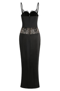 Satin Lace-Trimmed Slit Slip Maxi Dress in Black