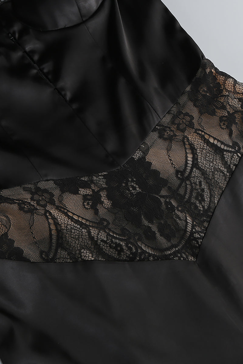 Satin Lace-Trimmed Slit Slip Maxi Dress in Black CHICIDA Satin Lace-Trimmed Slit Slip Maxi Dress in Black CHICIDA