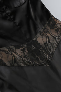 Satin Lace-Trimmed Slit Slip Maxi Dress in Black