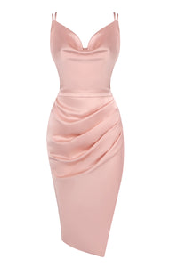 Satin Slip Slit Midi Dress in Light Pink