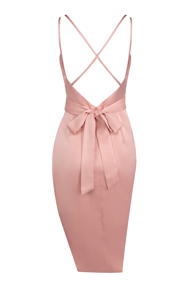 Satin Slip Slit Midi Dress in Light Pink  CHICIDA