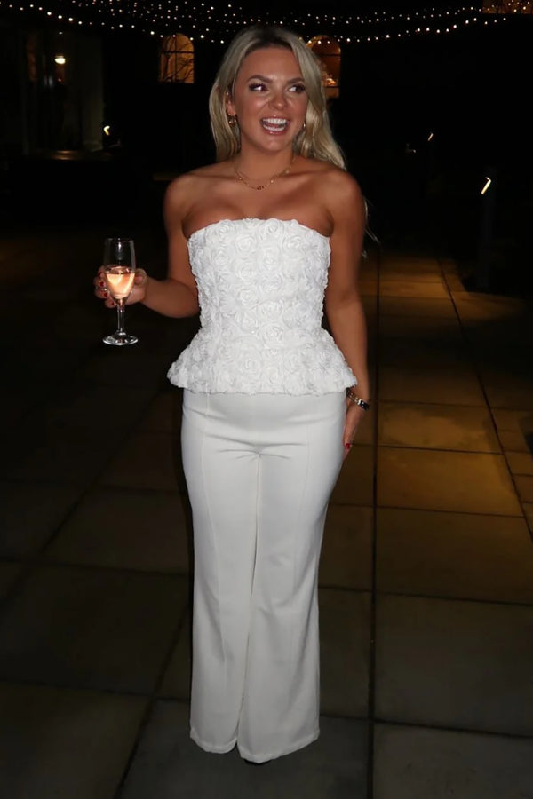 Satin Strapless Cream Top Wide Leg Pants