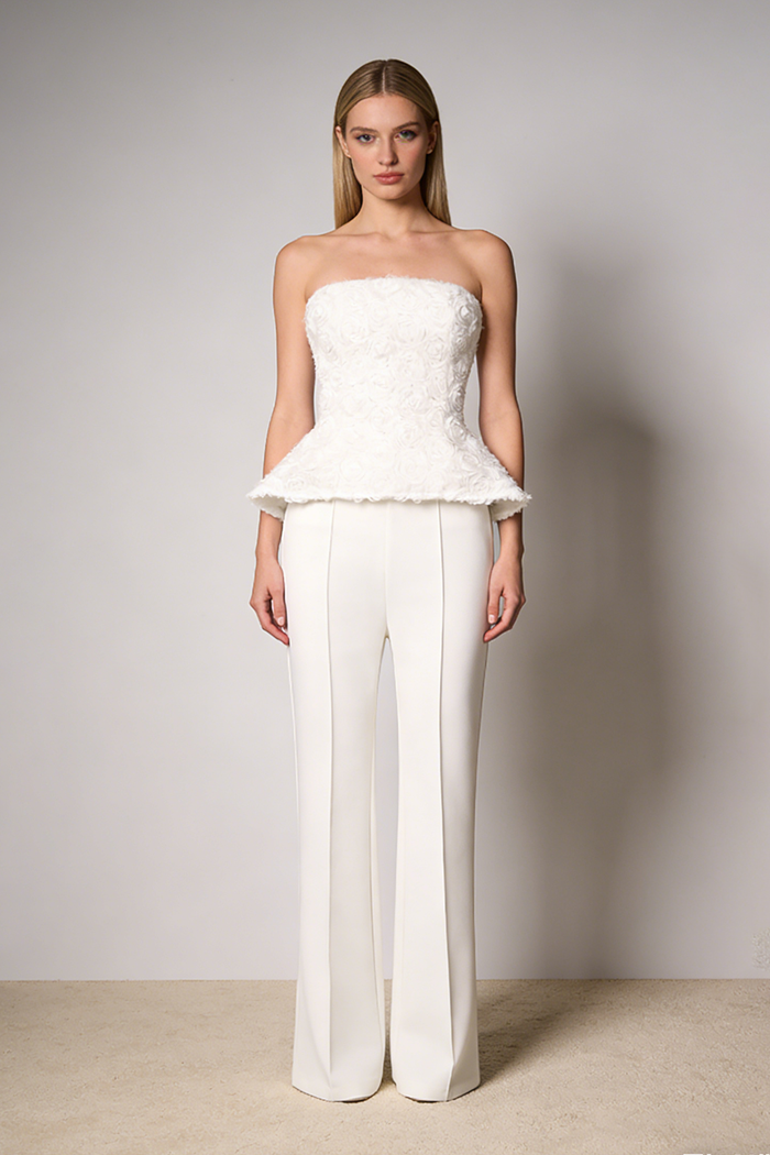 Satin Strapless Cream Top Wide Leg Pants