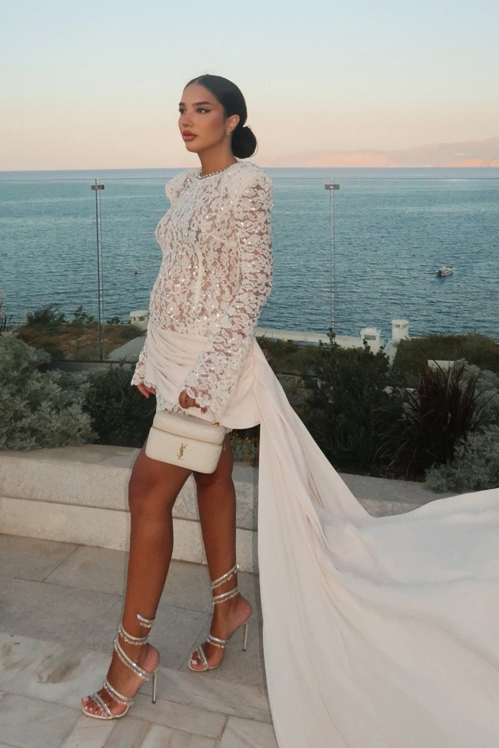 Sequin-Embellished Lace Mini Dress