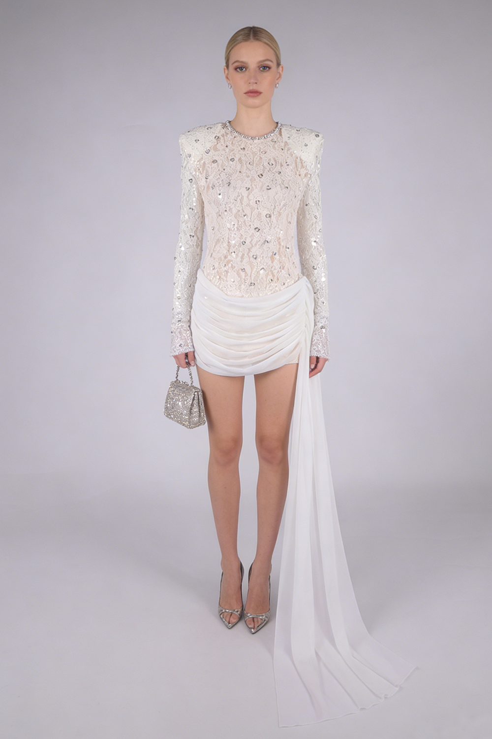 Sequin-Embellished Lace Mini Dress