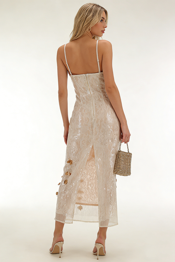 Sequin-embellished Floral Midi Dress