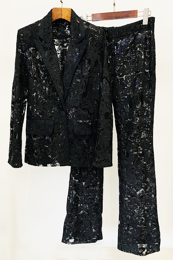 Sequin-embroidered Blazer Flared Pants Set