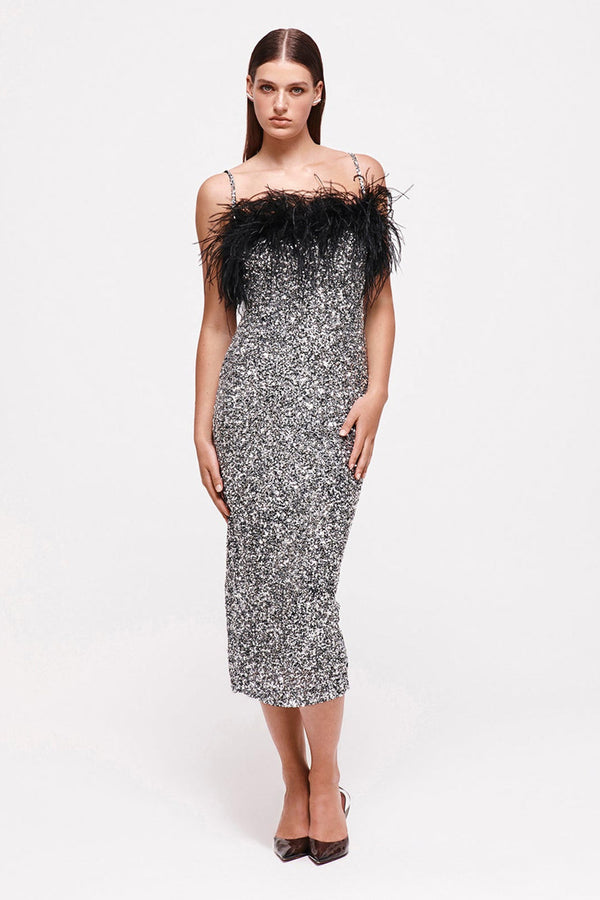 Sequin Beaded Tulle Cami Midi Dress in Silver