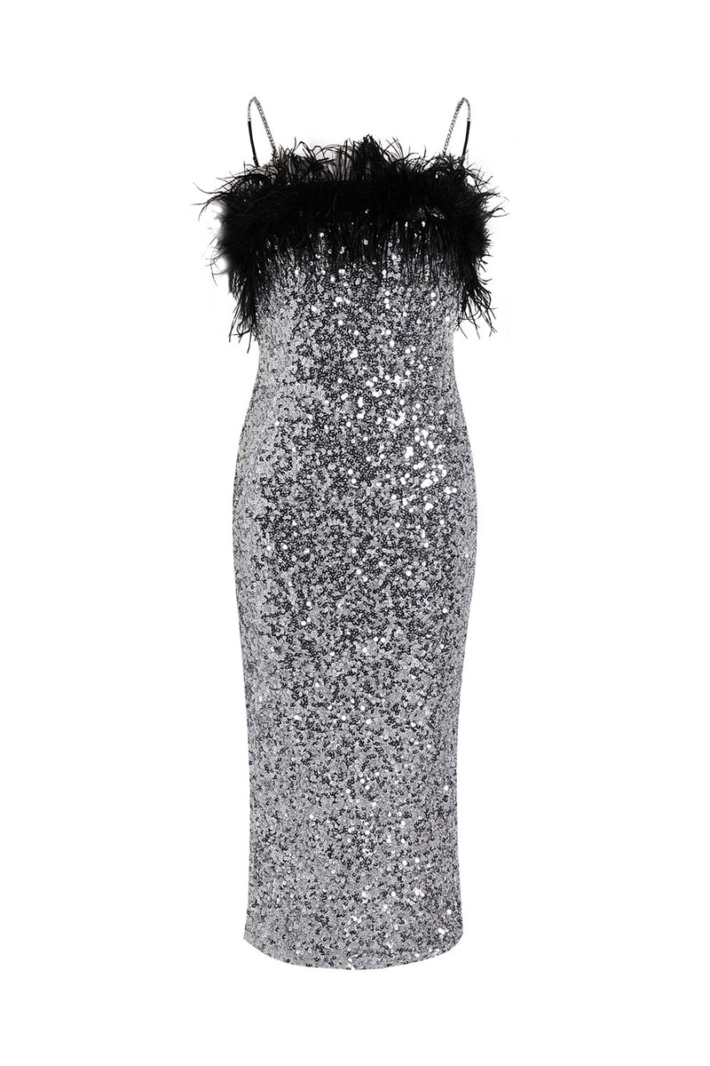 Sequin Beaded Tulle Cami Midi Dress in Silver