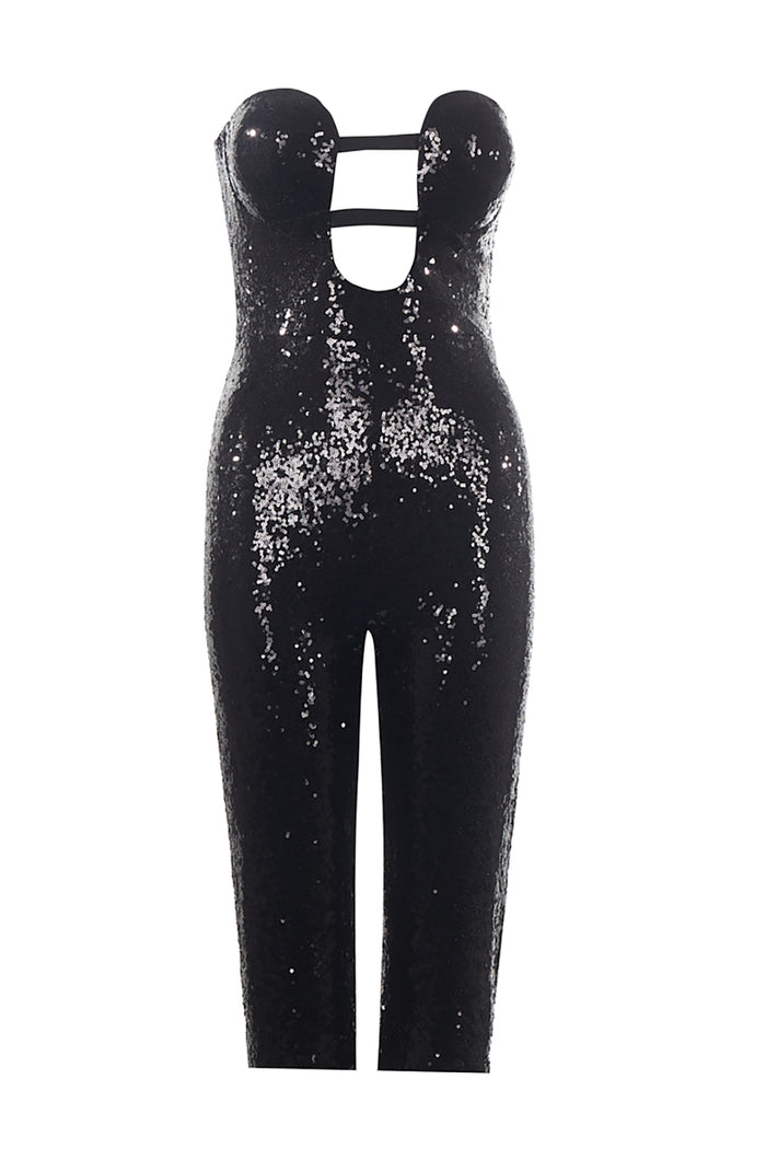 Sequin Feather-Trim Cuff Jumpsuit