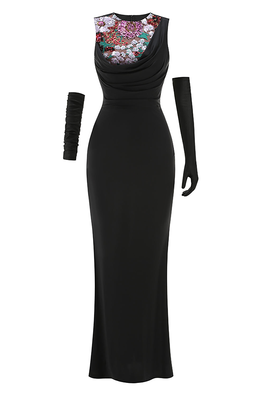 Sequin Detail Gown in Black With Gloves
