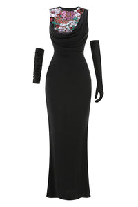 Sequin Detail Gown in Black With Gloves