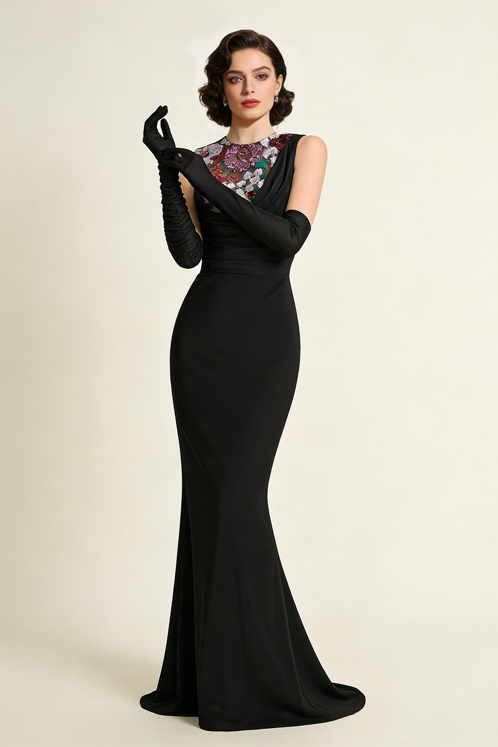 Sequin Detail Gown in Black With Gloves