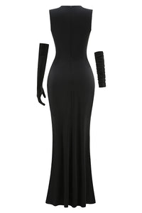 Sequin Detail Gown in Black With Gloves