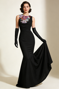 Sequin Detail Gown in Black With Gloves