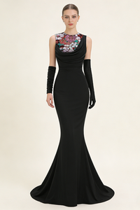 Sequin Detail Gown in Black With Gloves