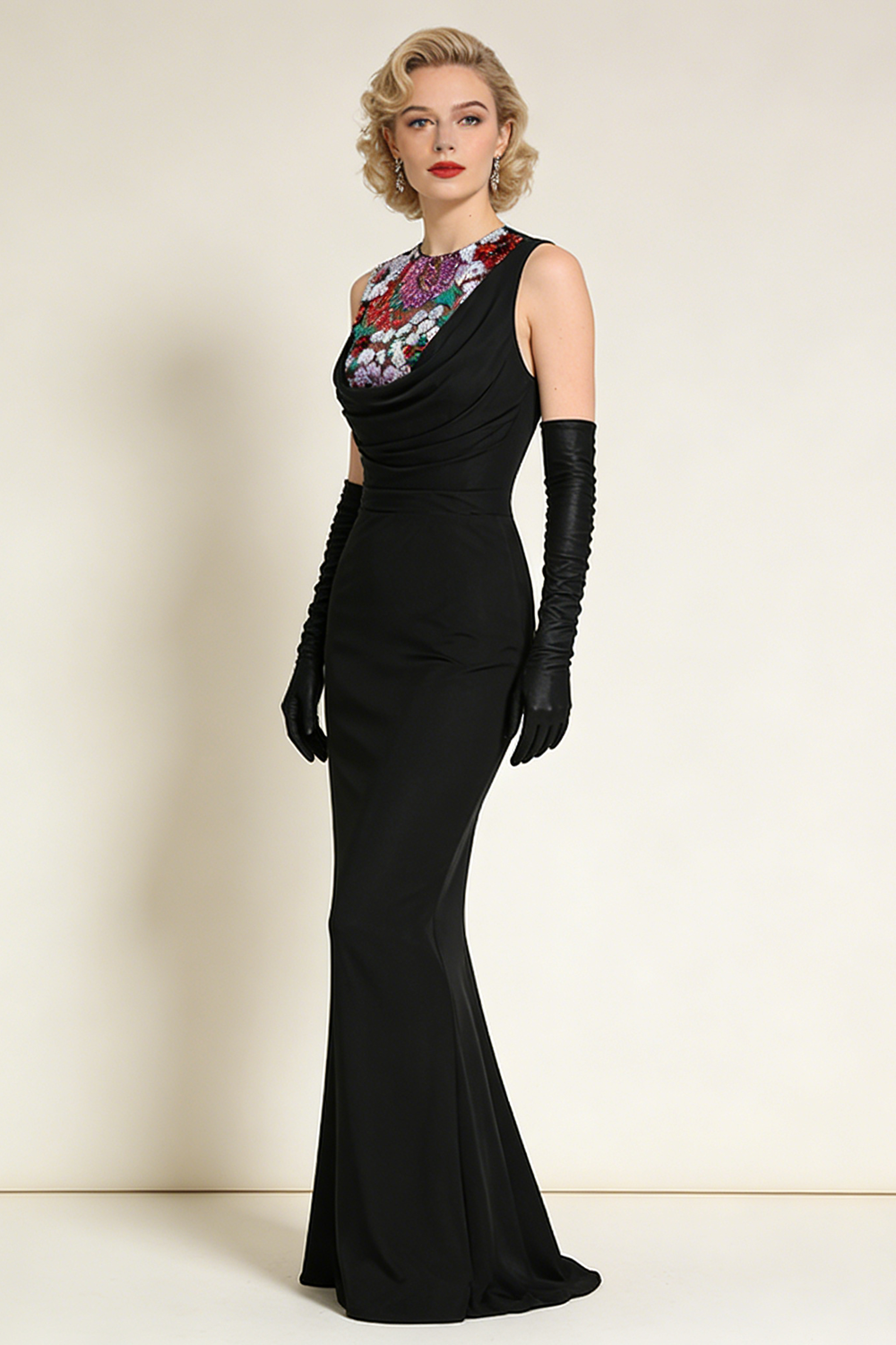 Sequin Detail Gown in Black With Gloves