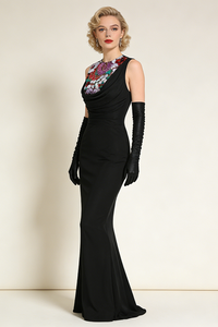 Sequin Detail Gown in Black With Gloves